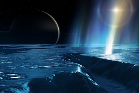 An illustration of a ice planet with a plume of water shooting into space, with Saturn and its rings visible in the background