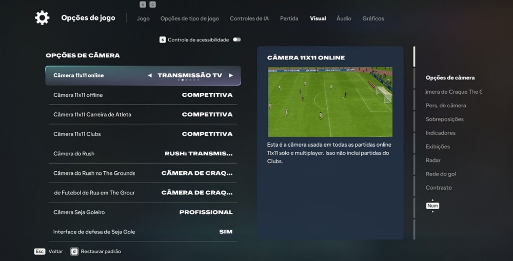 Em EA FC 27, o jogador pode escolher com qual definição de câmera fica mais confortável — Foto: Reprodução/Róbson Martins