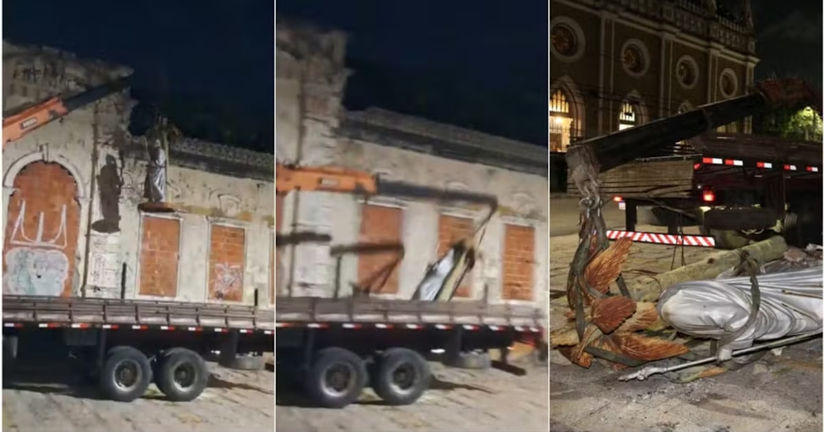 Vídeo: estátua da Sagrada Família despenca de guincho e quebra durante reforma de prédio histórico