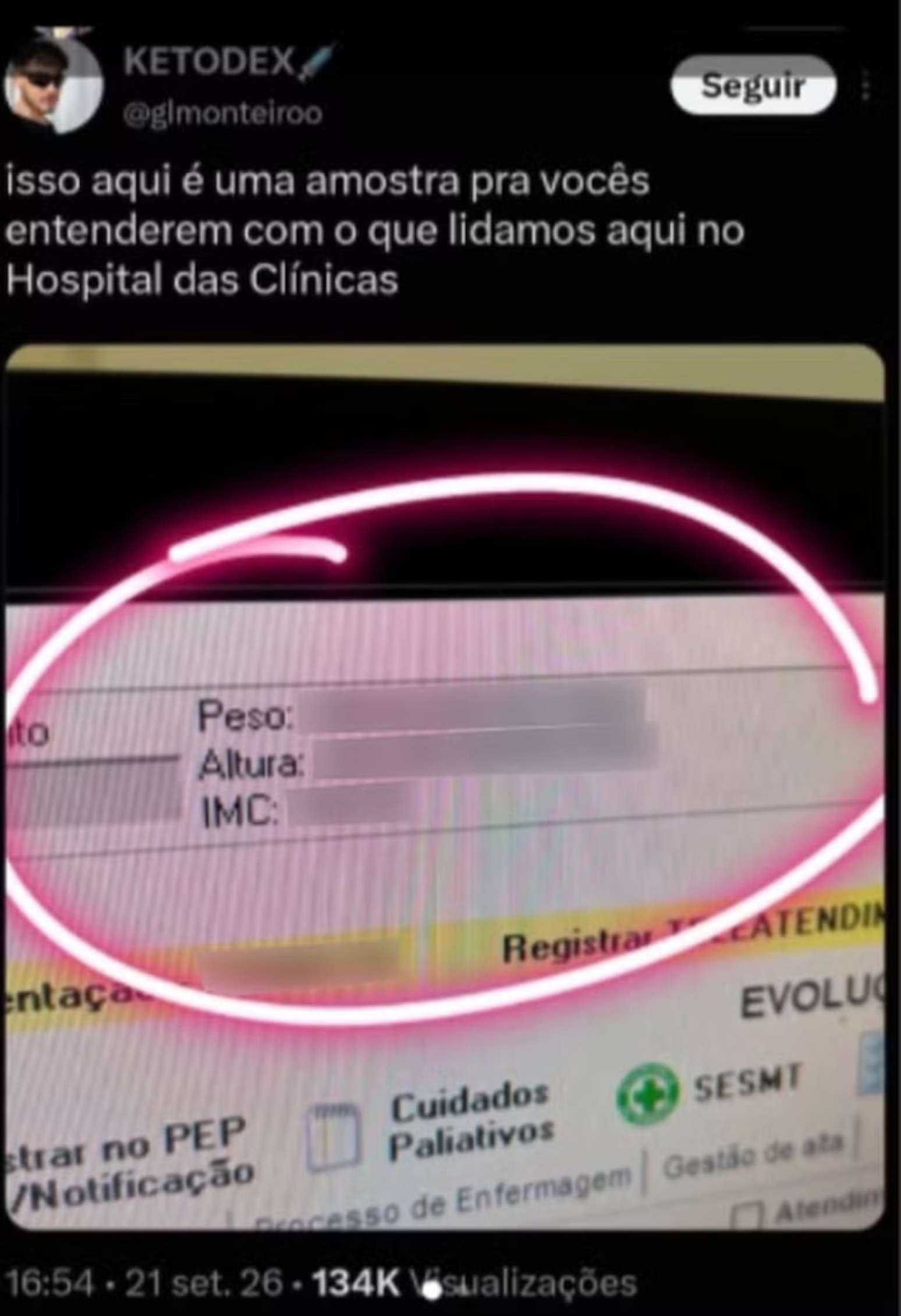 Publica&ccedil;&atilde;o de Guilherme Louren&ccedil;o Monteiro no X mostrava peso, altura e IMC do paciente antes de ser exclu&iacute;da