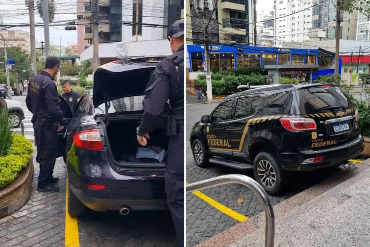 Imagem colorida mostra agentes da PF durante operação contra produtora de Dark Horse. Metrópoles