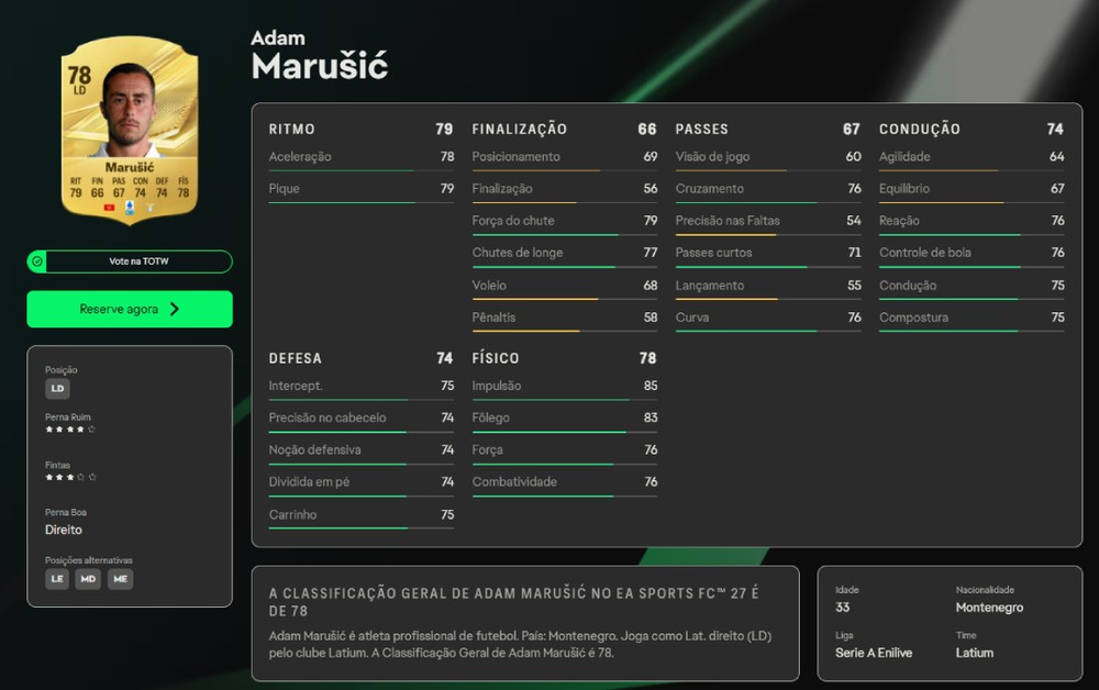 Adam Marušić, do Lazio, no EA Sports FC — Foto: Reprodução/Site EA Sports FC 27