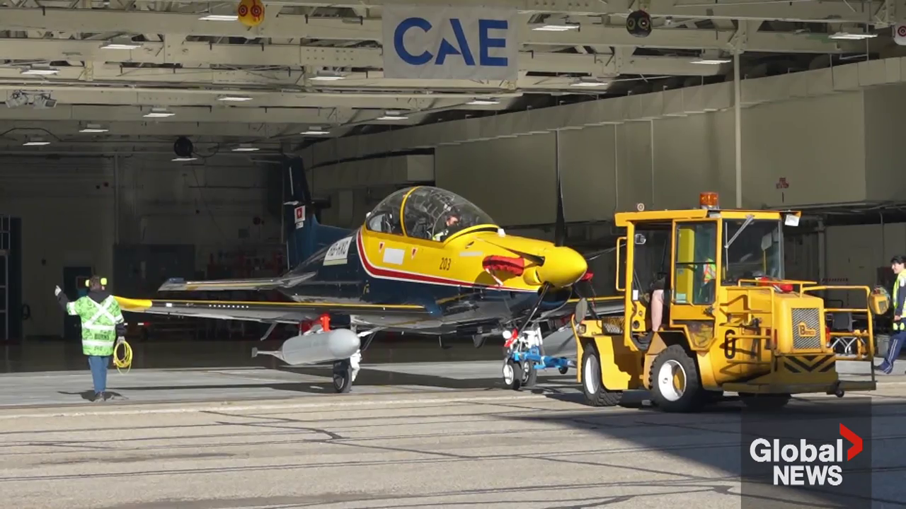 A CT-157 Siskin II is parked in the hangar at 15 Wing Air Base in Moose Jaw