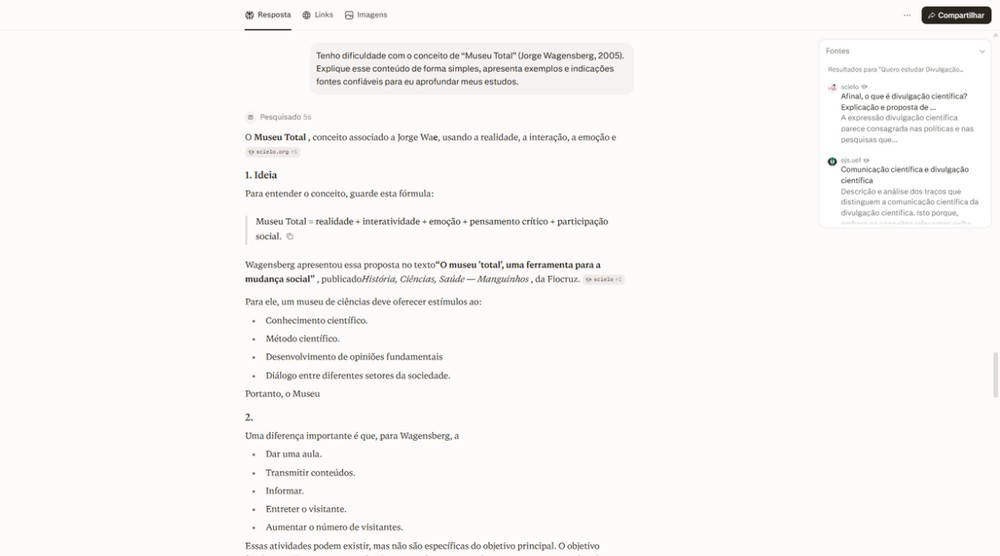 Perplexity pode ser acionado para aprofundar temas específicos — Foto: Reprodução/Júlia Silveira
