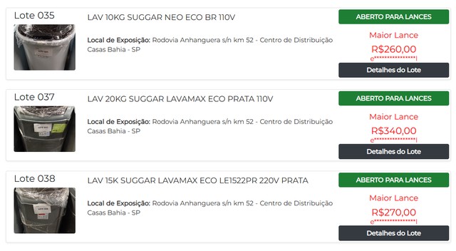 Leilão das Casas Bahia acaba amanhã (26) e tem máquinas de lavar por R$ 240