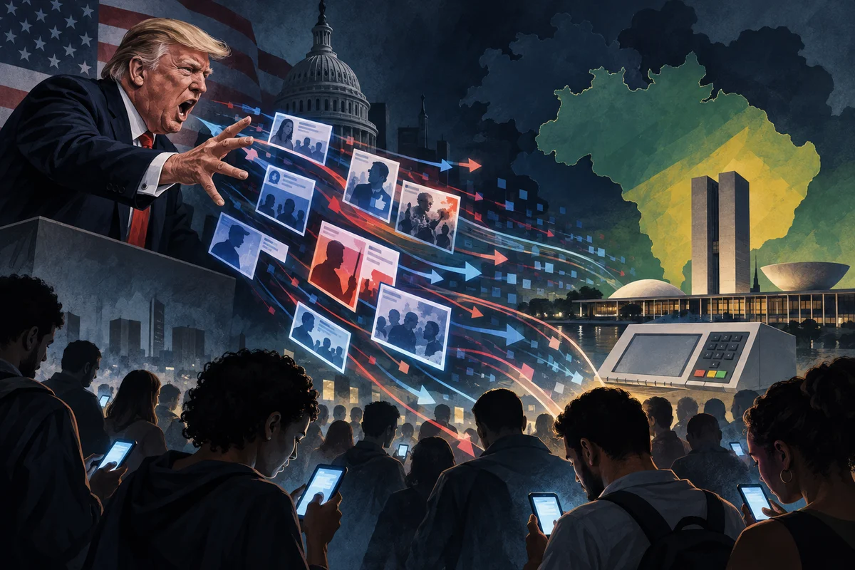 Ilustração de Trump influenciando as redes sociais e as eleições no Brasil - Metrópoles