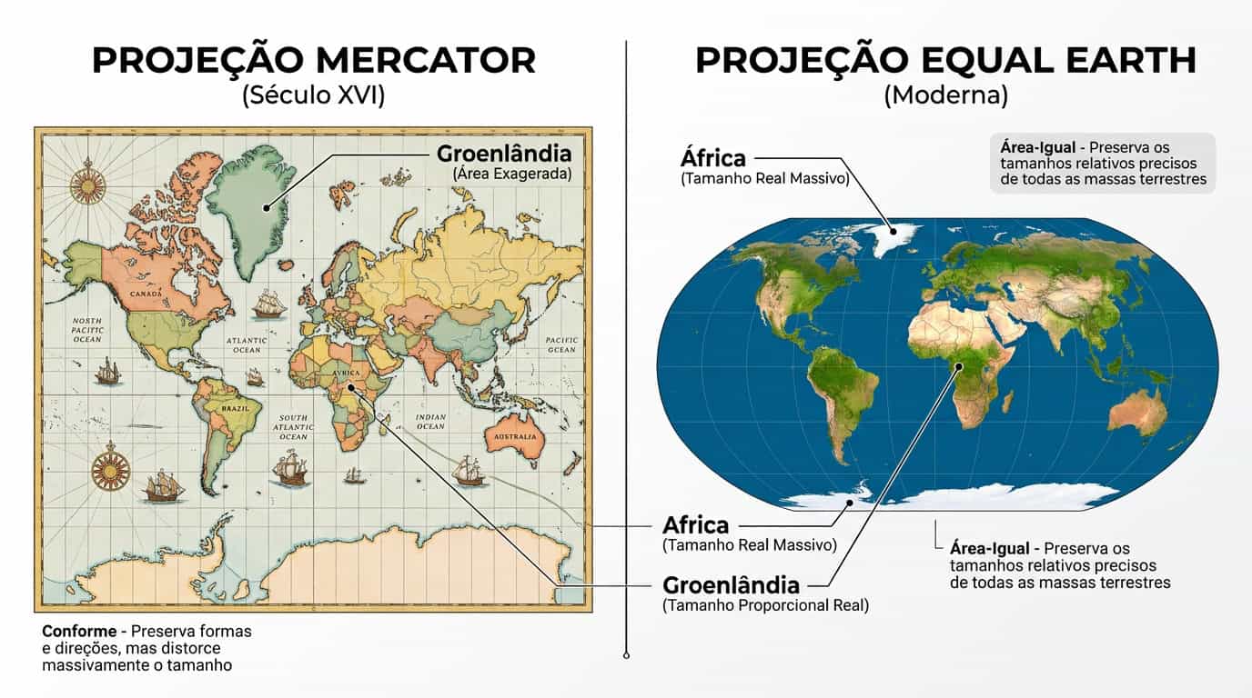 Comparação entre o mapa-múndi Mercator e o Equal Earth