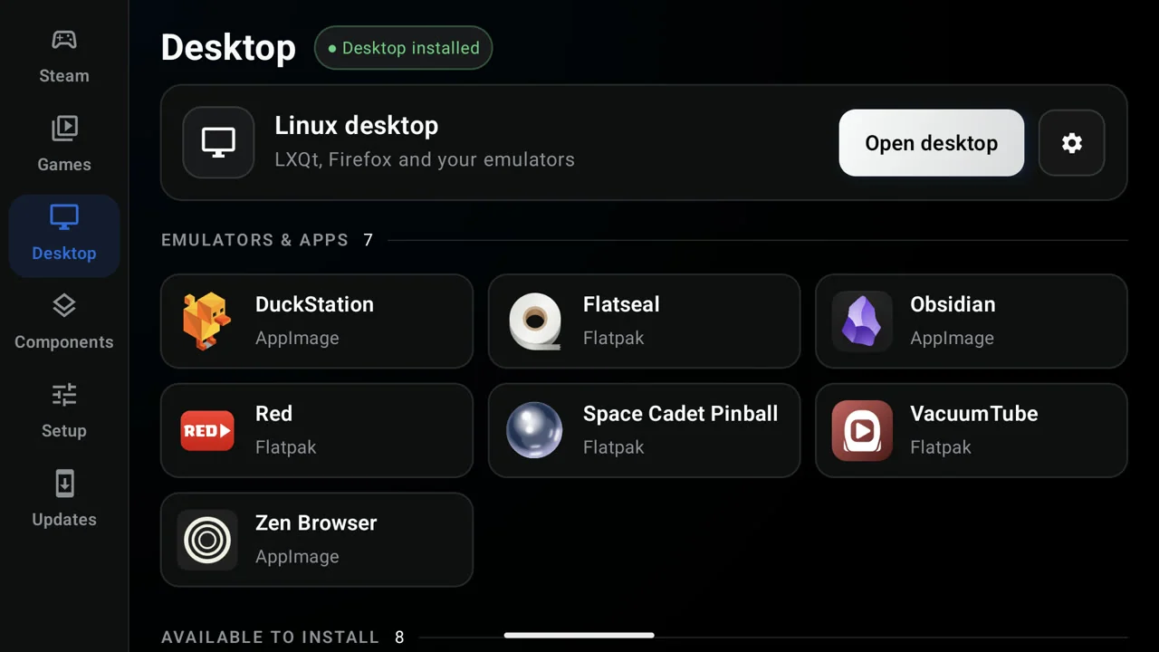 Desktop page listing added apps next to the emulators
