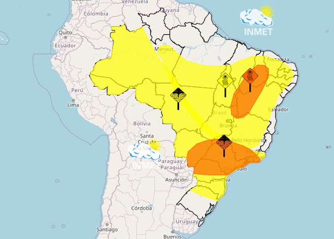 Seis estados têm alerta laranja para tempestades; outros 16 estão sob aviso de baixa umidade