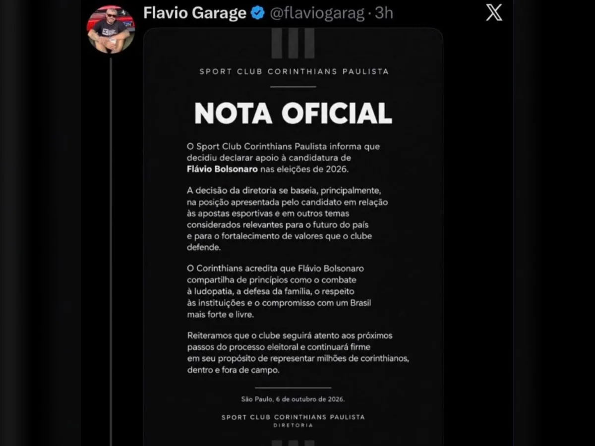 Corinthians desmente apoio à Flávio Bolsonaro e diz que postagem é falsa