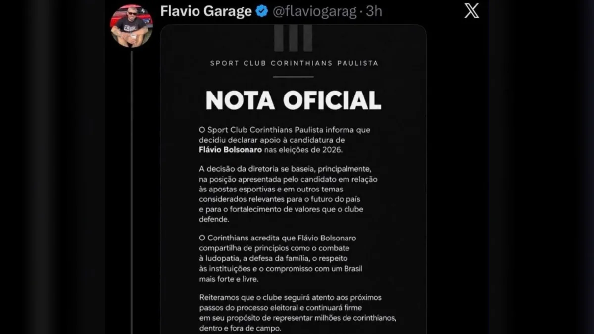 Corinthians desmente apoio à Flávio Bolsonaro e diz que postagem é falsa