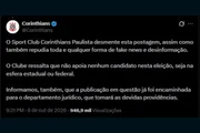 Nota do Corinthians em resposta a fake news de que o clube apoiaria Flávio Bolsonaro