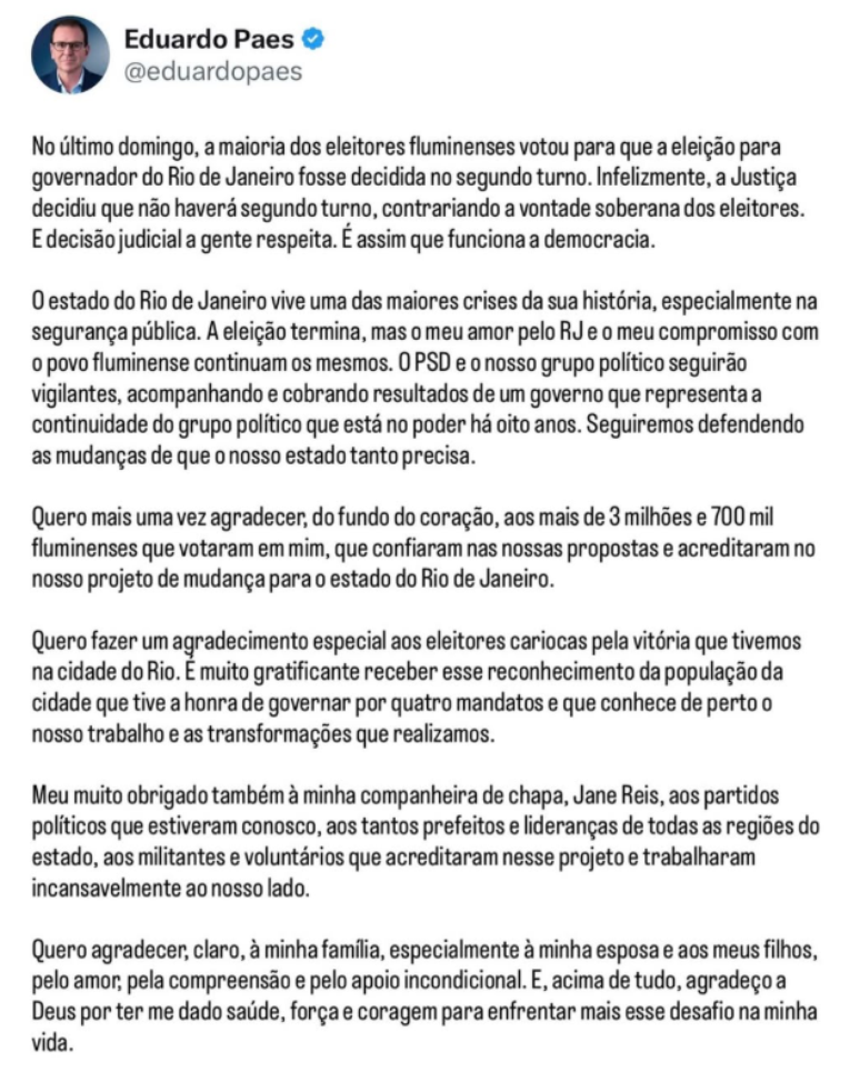 Após STF negar recurso, Eduardo Paes reconhece fim da disputa pelo governo do Rio: 'Decisão judicial a gente respeita'