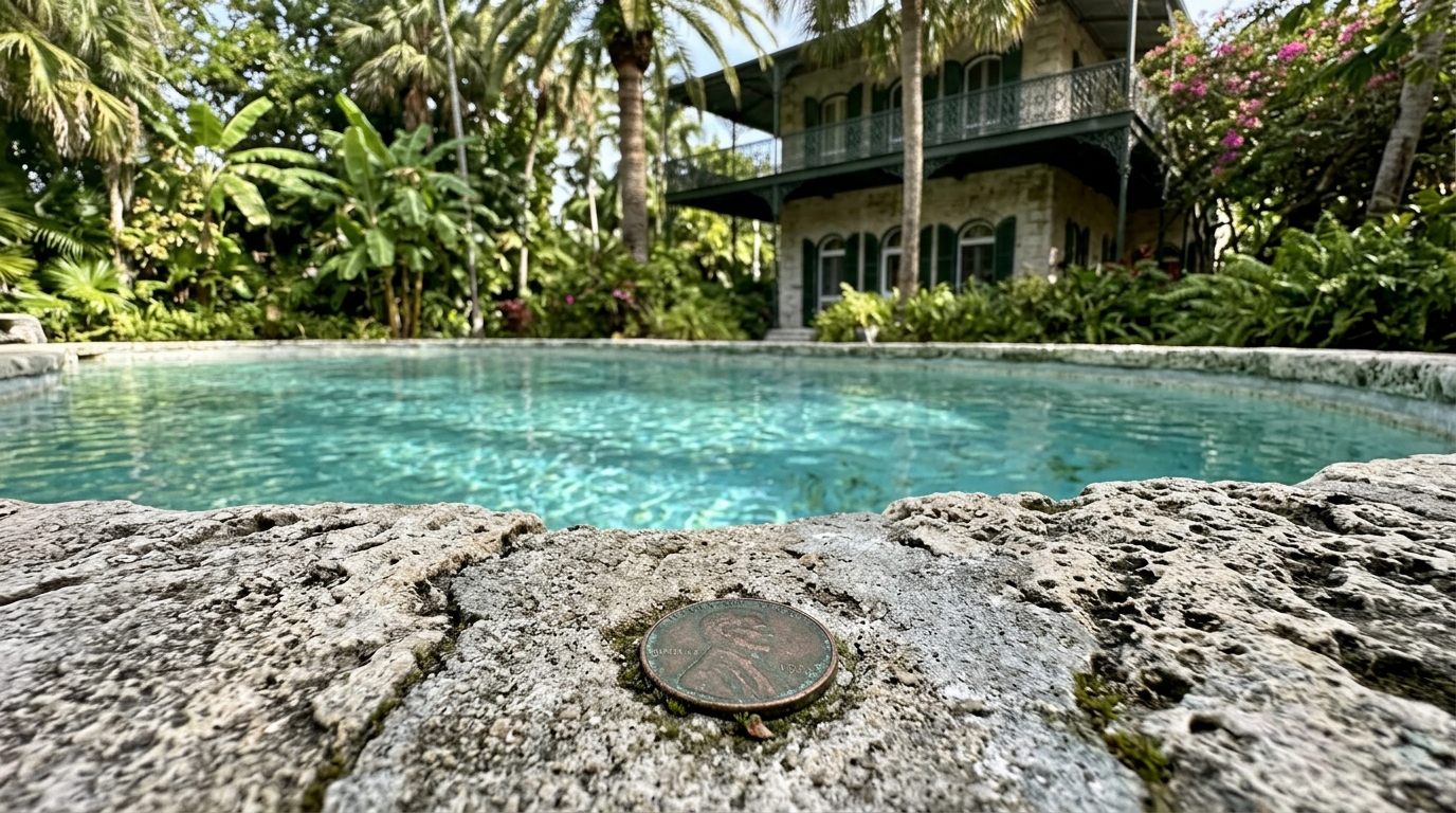 A piscina que custou US$ 20 mil em 1938 e quase acabou com o casamento de Hemingway: operários escavaram rocha de coral em Key West, e o escritor cravou uma moeda no cimento dizendo que era o último centavo que tinha