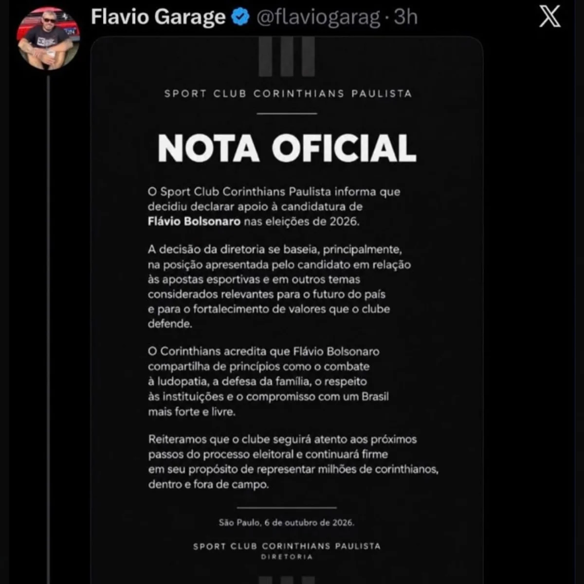 Corinthians desmente apoio à Flávio Bolsonaro e diz que postagem é falsa
